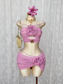 Sunspun 2pcs/Set Knitted Textured Crop Top And Mini Skirt Set, Sexy & Cute For Beach Vacation In Summer - Multicolor - View 4