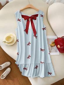 Veykashi Plus Size Bow Striped Print Dress, Suitable For Vacation - Multicolor - View 4