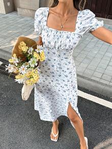 Chiquease Đầm INS tay phồng kiểu cô hầu gái cho kỳ nghỉ hè. - Xanh và trắng - Xem 4