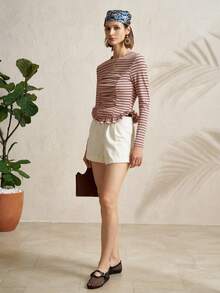 Franclia Casual Round Neck Striped Ruffle Trim Long Sleeve T-Shirt, Spring/Autumn - Multicolor - View 5