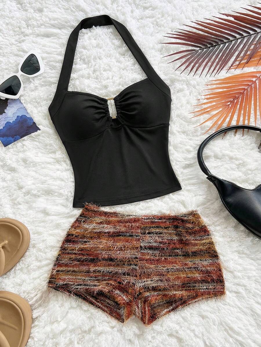 Soleia 春夏新款休闲度假西部海滩婚礼宾客礼服毕业早午餐女装，圣帕特里克节春假复活节音乐节优雅波西米亚热带风情约会外出购物套装，棕色纹理针织两件套 - 黑色 - 查看 1