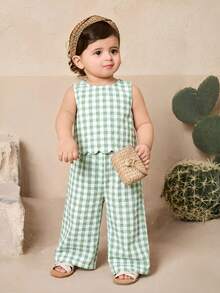 LMoss Kids Baby Girl Cute Plaid Sleeveless Top And Pants Set, Summer - Green - View 5