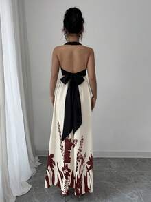 Rafferiza Đầm maxi nữ mùa hè phong cách Bohemian, cổ yếm, hở lưng, dây buộc nơ, phối màu tương phản, dáng xòe, họa tiết in nổi. - Đỏ - Xem 2