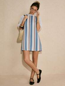 Poéselle Women's Frill Collar Patchwork Hollow Out Embroidery Puff Sleeve Striped Casual Dress - Blue and White - View 1