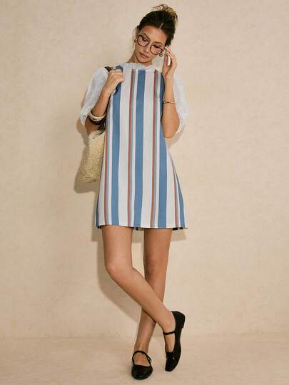 Poéselle Women's Frill Collar Patchwork Hollow Out Embroidery Puff Sleeve Striped Casual Dress