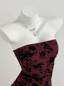 Elamini Casual Flocked Asymmetrical Hem Burgundy Dress For Women, Spring/Summer - Burgundy - View 1