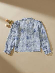 SHEIN 女童浅蓝色雪纺长袖翻领衬衫，饰有碎花、纽扣、珍珠和蝴蝶结，优雅大方，适合春、夏、秋季休闲、派对、工作场合穿着。 - 淺色水洗藍 - 查看 2
