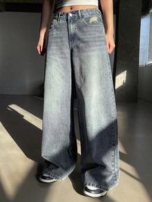 DAZY 女士宽松韩版破洞休闲牛仔裤 - 藍色 - 查看 5