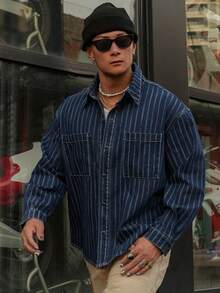 DAZY Men's Distressed Striped Denim Jacket, Spring - Blue - View 7