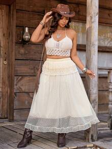 SHEIN LUNE Plus Size Women's Holiday Contrast Lace Polka Dot Mesh Skirt - Apricot - View 4