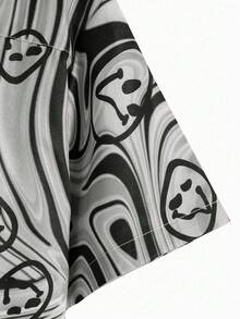 ROMWE MEN Street Life Men's Cartoon Smiling Face Print Single-Breasted Casual Short Sleeve Shirt - Grey - View 3