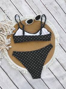Swim Mod Bộ bikini gợi cảm cổ chữ V màu xanh hải quân và trắng chấm bi kiểu Bohemian, dây đeo có thể điều chỉnh, dành cho kỳ nghỉ. - Nhiều màu - Xem 2
