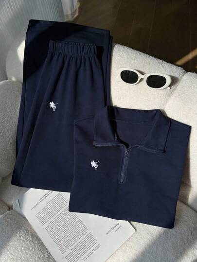 SHEIN 两件套女童休闲连帽衫套装，灰色撞色领拉链短袖露脐卫衣搭配同色系宽松阔腿舒适长裤，正面刺绣设计，适合户外、室内、运动、聚会、上学、春夏秋季穿着。