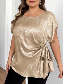 SHEIN CURVE+ 大码女式金属质感圆领蝙蝠袖短袖侧打结优雅上衣 - 金色 - 查看 7