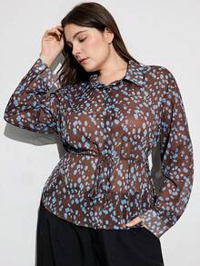 Aveloria Modichic 大码复古波点收腰衬衫，修身翻领长袖上衣 - 棕色 - 查看 4