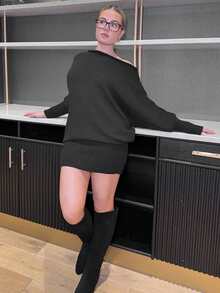 Bethéva Y2K 风格百搭不对称肩黑色长袖修身腰身毛衣裙，休闲/通勤，秋冬复古美式美学 - 黑色 - 查看 6