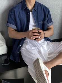 DAZY Men's Solid Blue Washed Denim Shirt, Summer - Blue - View 1