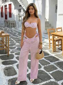 Swim SXY 3件套女士印花吊带条纹上衣和侧边抽绳泳裤泳装套装 - 彩色 - 查看 3