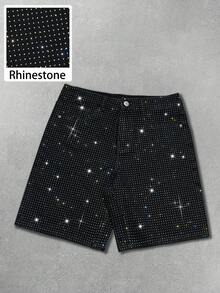 Manfinity EMRG Men's American Hip Hop Street Fashion Party Life Rhinestone Washed Black Denim Shorts - Black - View 1