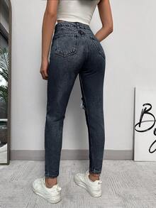 EURMUSE 100%Cotton High Waisted Ripped Jeans - Dusty Blue - View 2