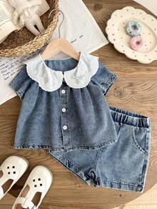 SHEIN 2件套女婴夏季短袖白色刺绣领衬衫搭配短裤，休闲两件套，适合外出和度假 - 藍色 - 查看 8