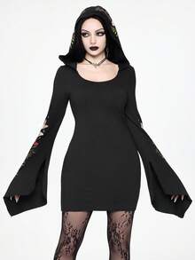 ROMWE Goth 女士连帽喇叭袖蘑菇飞蛾印花紧身迷你连衣裙 - 黑色 - 查看 5