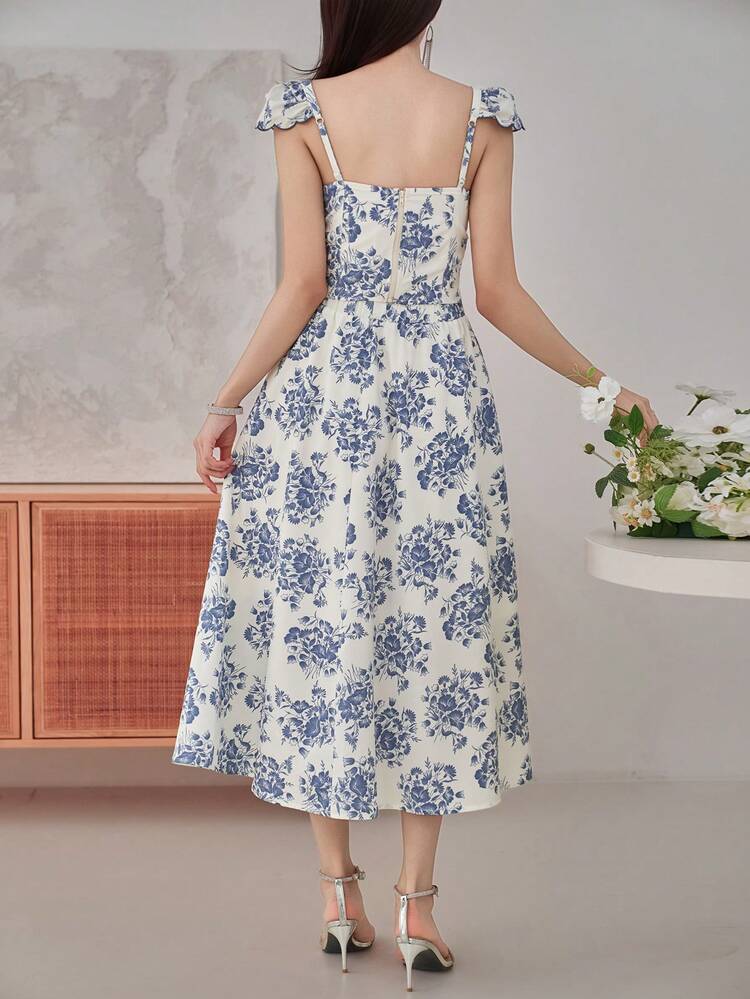 Women's Elegant Floral Print Frill Trim Tie Cami Top And Skirt 2 Pieces Set, Summer,Wedding Guest Dress Women
