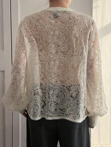 DAZY Women's Elegant Lace Patchwork Round Neck Lantern Sleeve Blouse, Spring/Summer - Apricot - View 2