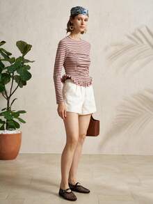 Franclia Casual Round Neck Striped Ruffle Trim Long Sleeve T-Shirt, Spring/Autumn - Multicolor - View 4