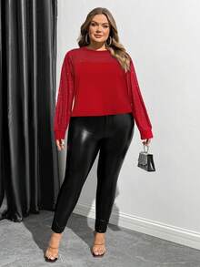 SHEIN CURVE+ 大码长袖女式上衣，日常休闲服装 - 紅色 - 查看 5
