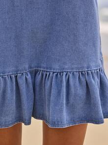 Aralina 女士夏季牛仔荷叶边迷你连衣裙，可爱情人节假日度假穿搭，Y2K斯德哥尔摩风格 - 淺色水洗藍 - 查看 8