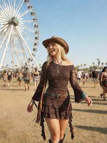 SHEIN MOD 大码女式棕色荷叶边不对称肩连衣裙，深棕色连衣裙，咖啡棕色连衣裙，棕色短款连衣裙，连衣裙，秋冬连衣裙，圣诞连衣裙，新年连衣裙，感恩节连衣裙，派对连衣裙，圣诞节服装，女士派对连衣裙，圣诞派对连衣裙 - 棕色 - 查看 8