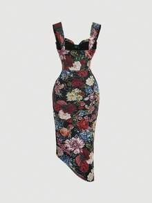 MOD Vestido con estampado floral, plisado, dobladillo asimétrico y abertura, vestidos en tonos pastel para mujer - Multicolor 2 - Ver 9