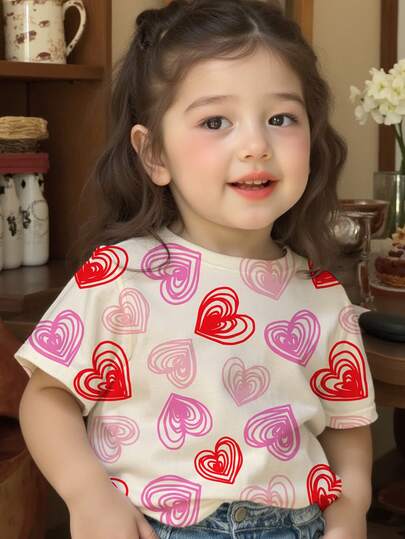 SHEIN 1 pieza Camiseta gráfica de cuello redondo de color rosa crema con estampado de corazón dibujado a mano, de manga corta, estilo minimalista y casual para niña, adecuada para el verano