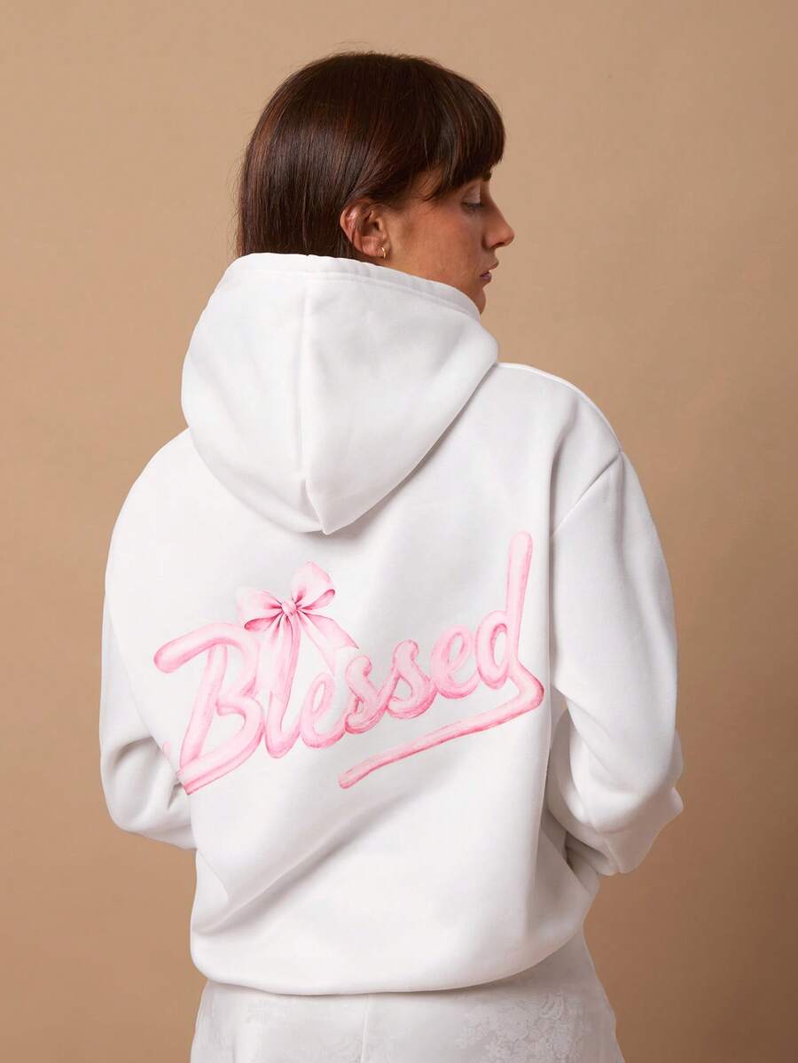 SURIMA Casual Minimalist Printed Pattern Hooded Loose Fit Thick Sweatshirt For Women - White - View 1