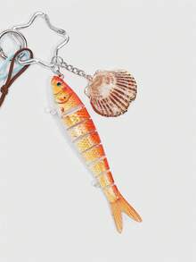 ROMWE Kawaii 1 pieza Llavero de pez hecho a mano con concha marina, señuelo de pesca biónico, colgante de anzuelo de pez de varias secciones en estilo de vacaciones/océano - Rojo - Ver 4