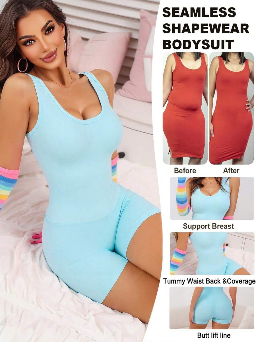 Eraneu 1pc Women Seamless Comfortable Tummy Control Lift Butt Bodysuit - Mint Blue - View 1