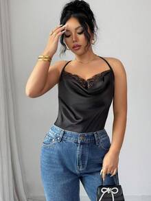SHEIN Clasi Women's Elegant French Lace Satin Camisole - Black - View 6