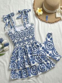 Elamini Women's 2-Piece Paisley & Floral Random Print Ruched Tankini Top & Hipster Bottom Swimsuit Set - Blue and White - View 2
