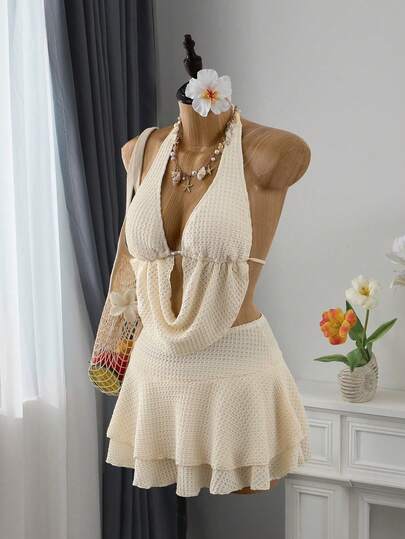 Bellisia Conjunto de traje de baño de 3 piezas con cuello drapeado a cuadros beige para vacaciones de verano en la playa