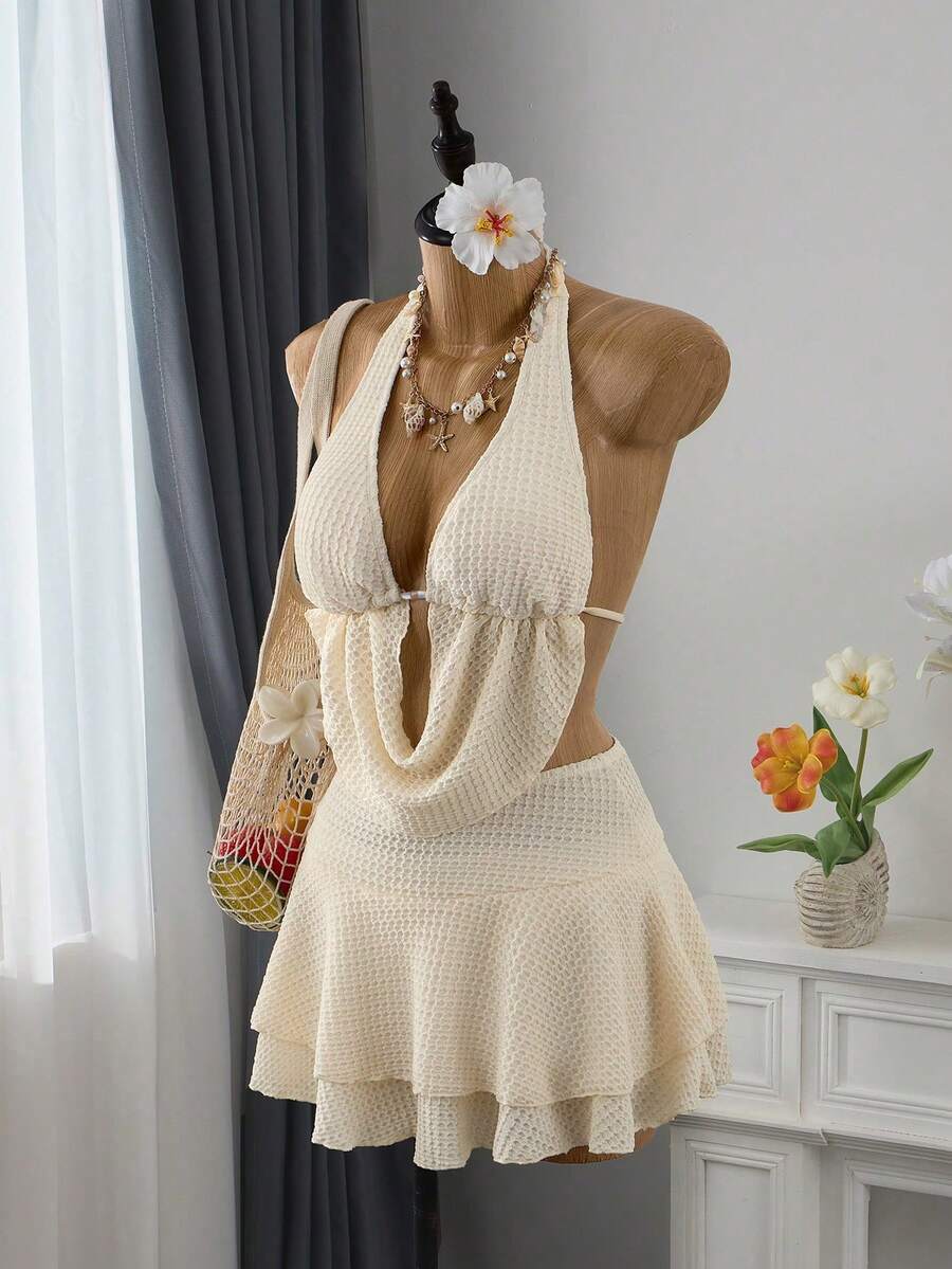 Bellisia 女款米色格紋 3 件式泳衣套裝，夏季休閒海灘度假波希米亞風垂領裙/網球裙泳衣套裝