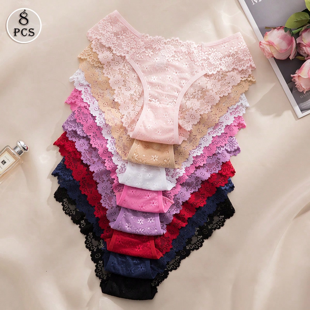 Set de 8 bragas de encaje románticas y sexys para mujer