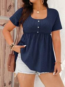EMERY ROSE Plus Size Women's Casual Vacation & Commute Solid Color Schiffy Babydoll Tee, Summer - Navy Blue - View 1