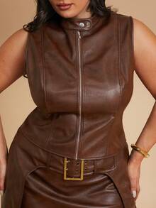 SHEIN BAE 大码夏季秋季女式音乐节休闲复古无袖抽绳修身夹克，PU皮夹克，皮革无袖夹克，音乐节服装，派对服装，春夏女装，西部风格女装，外出上衣，假日女装，女士上衣，办公室女装，度假，乡村音乐会，女牛仔风格，曲线身材 - 棕色 - 查看 2
