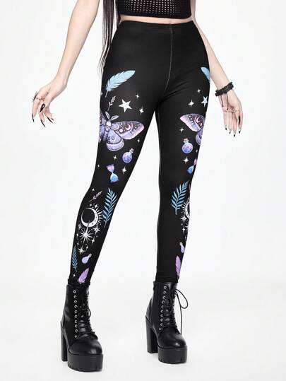 ROMWE Goth Strój wakacyjny: gotyckie, tajemnicze legginsy z nadrukiem ćmy, obcisłe legginsy dla kobiet