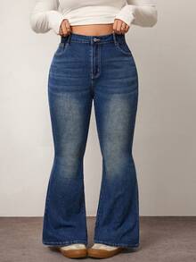 Enliva Plus Size Women Solid Color Slim Fit Flared Leg Denim Jeans, For Apple & Rounded Body Shape - Blue - View 6