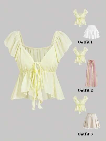 SHEIN MOD 女士休闲纯色系带衬衫，夏季