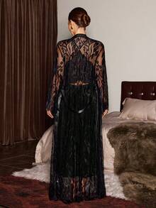 SHEIN Slumberist Sexy Sheer Lace Tie-Up Long Sleeve Robe + Contrast Lace & Velvet Slip Dress 2 Pieces Set For Women - Black - View 2