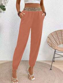 EMERY ROSE Women's Casual Vacation Style Metal Waist Slant Pocket Drawstring Pants - Orange - View 3