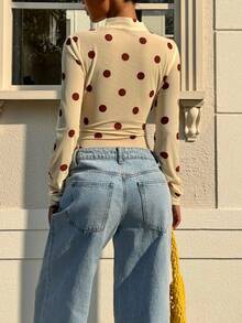 Muchica Women's Polka Dot Print Stand Collar Fitted Long Sleeve Bodysuit - Yellow - View 2